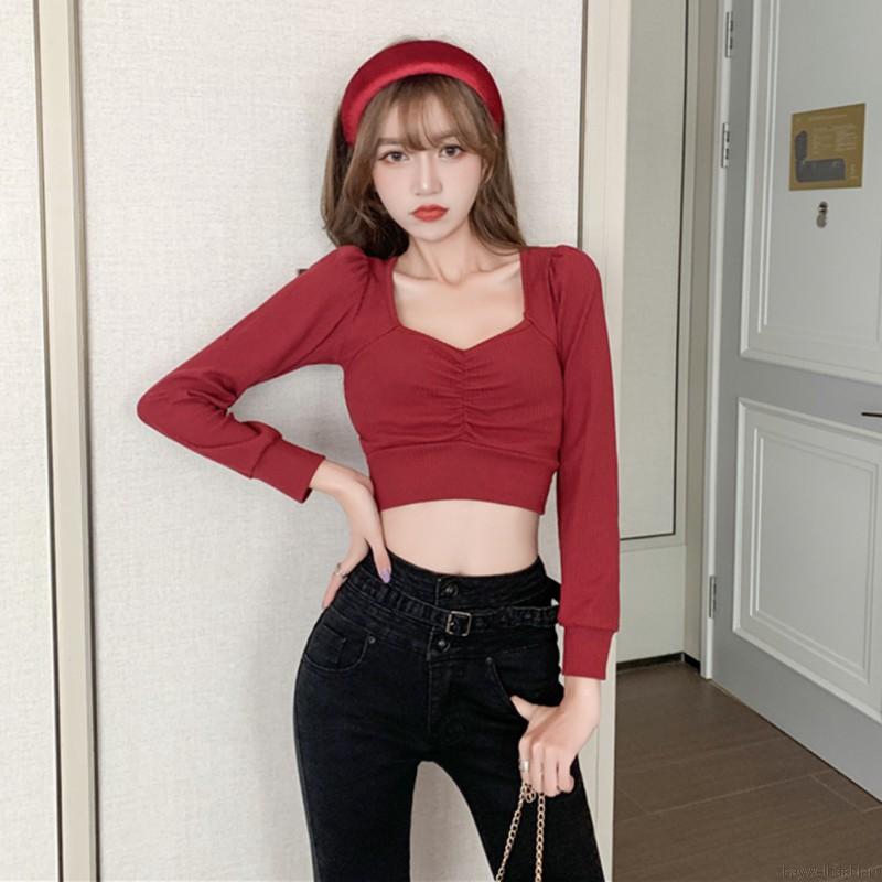[Baywellfashion]Retro Square Collar Elastic Tight  Long Sleeve Crop Tops | BigBuy360 - bigbuy360.vn