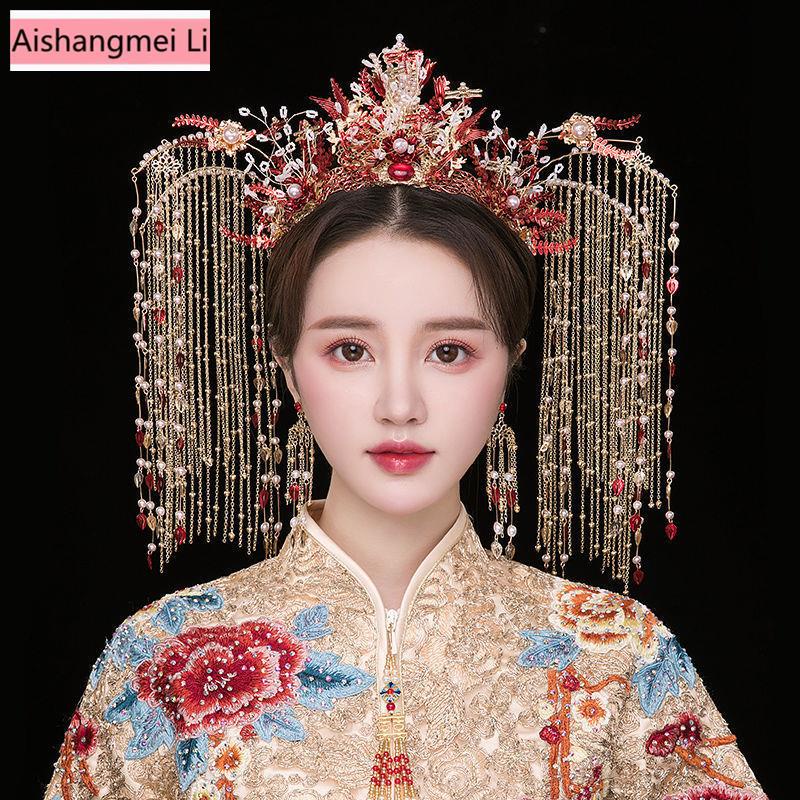 [Aishang Phụ Kiện Đẹp] Cài Tóc Xiuhe Vương Miện Phượng Hoàng Phối Tua Rua Hóa Trang Đám Cưới Phong Cách Trung Hoa