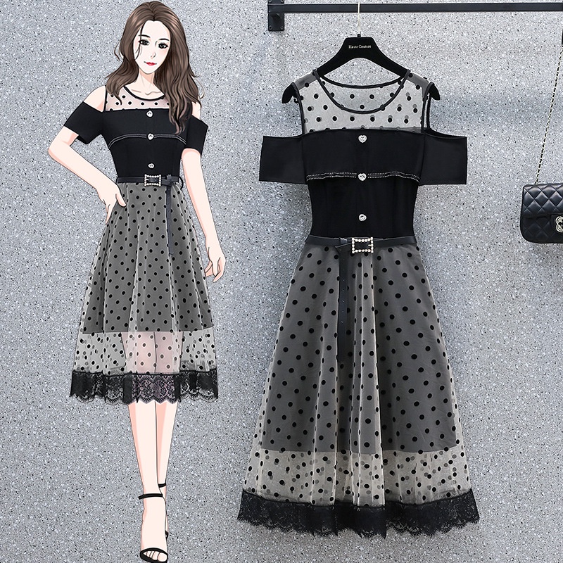 Váy Đầm thời trang hở vai chân ren chấm bi màu đen phong cách thanh lịch thiết kế mới nhất hè 2022 size S M L XL