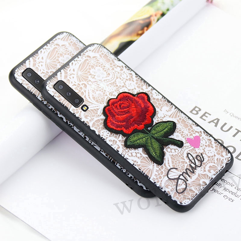 Samsung Galaxy M31S A70 A60 A80 A7 A9 A6 A8 J6 Plus 2018 Ốp điện thoại cứng chạm khắc hoa hồng nổi 3D + dây đeo cổ