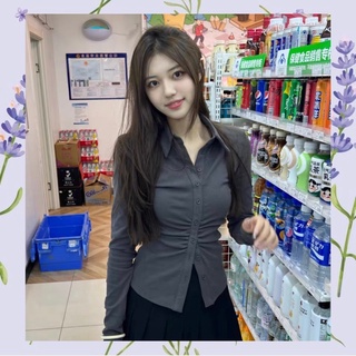 Áo sơ mi dài tay nhún bo eo màu xám và trắng dành cho nữ