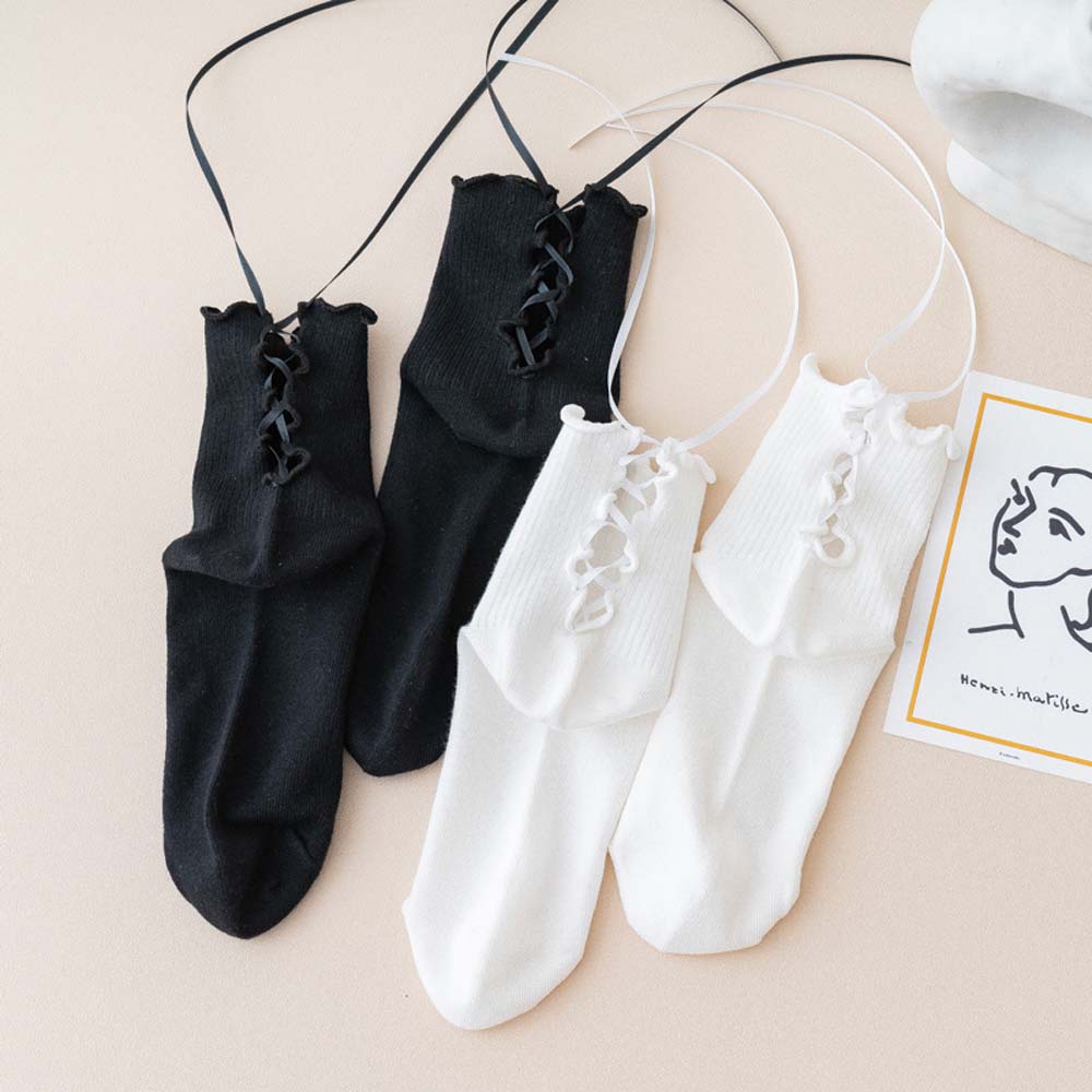 Đôi Vớ Cotton Màu Trắng / Đen Thời Trang Mùa Hè Hàn Quốc Cho Nữ