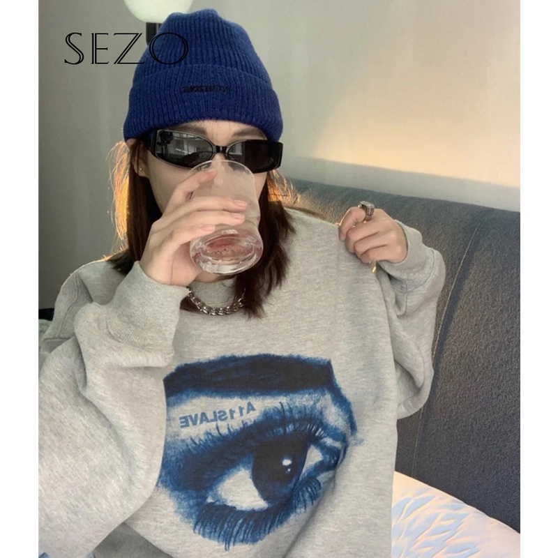 QKOOLE  Áo Hoodie Tay Dài Cổ Tròn In Họa Tiết Phong Cách Hàn Quốc Cho Nữ