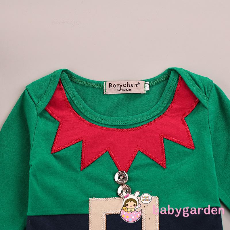 Bộ Áo liền quần tay dài cổ tròn + Tất ống chân họa tiết sọc màu sắc tương phản + Mũ phong cách giáng sinh cho trẻ em