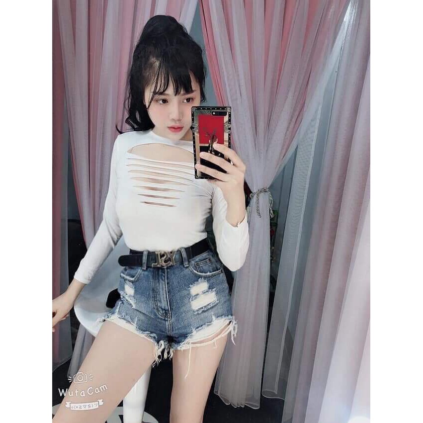 Áo Thun Nữ Dài Tay Rách Ngực Cá Tính EVA AO 10136