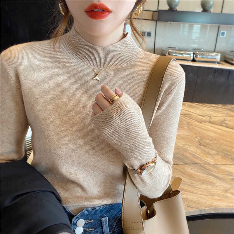 Áo sweater nữ tay dài cổ cao màu xám/trắng/đen/vàng phong cách Hàn Quốc dễ phối | BigBuy360 - bigbuy360.vn