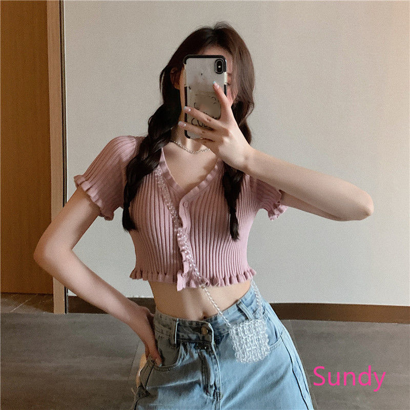 Áo cardigan tay ngắn màu hồng nữ tính xinh xắn