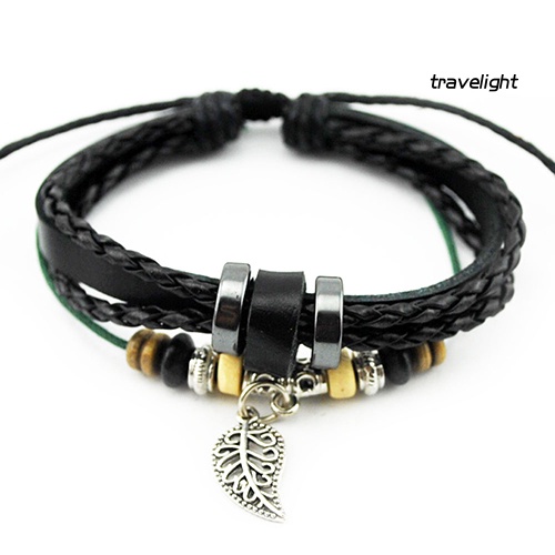 Vòng Tay Giả Da Nhiều Lớp Mặt Hình Chiếc Lá Thời Trang Unisex