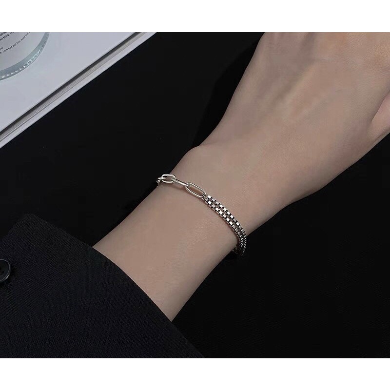 Lắc tau dải tròn dây kép mắt xích cá tính bạc thật phủ vàng trắng