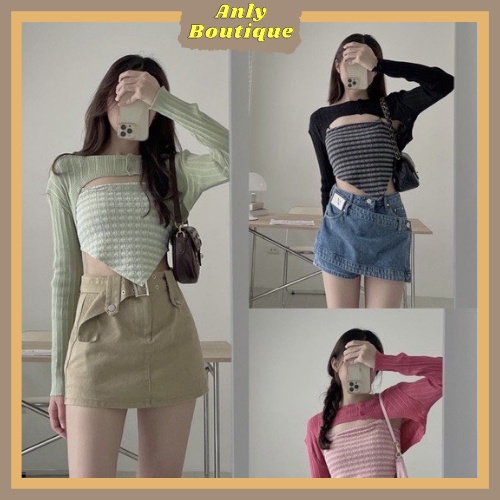 Set áo hai dây kèm cardigan , áo croptop hai dây quảng châu loại một, dễ phối đồ đang hot trend - SET1