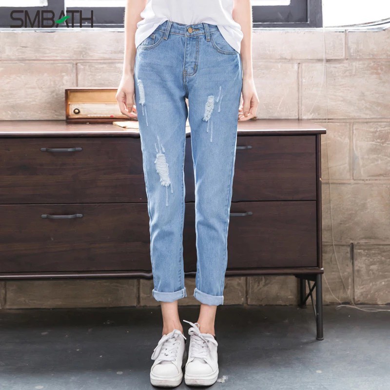 Quần jean nữ baggy rách ít lưng cao đủ size 2055