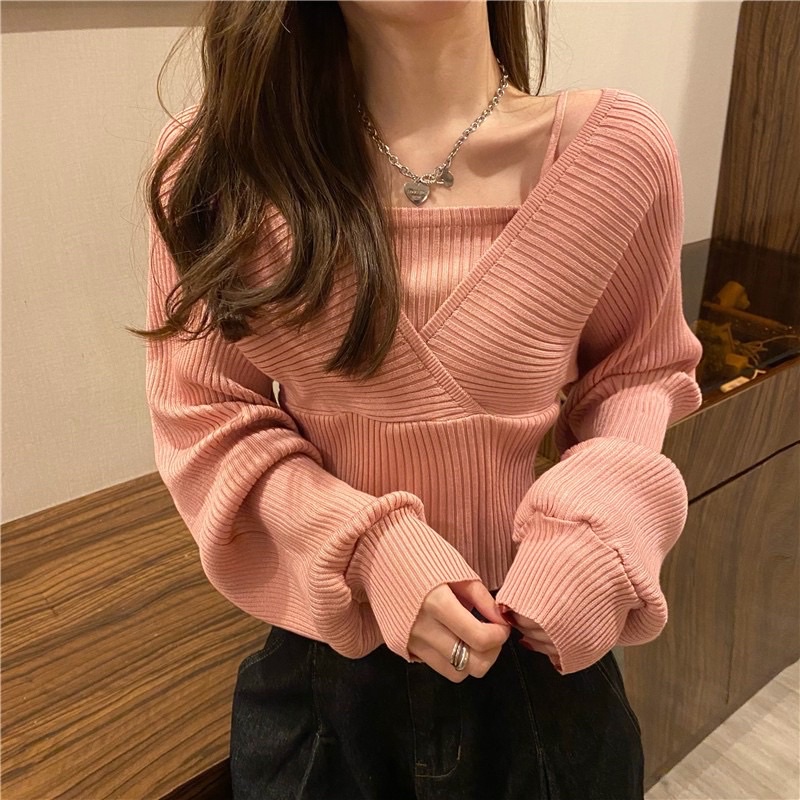 [SẴN HÀNG] Áo len cổ V tay bồng tiểu thư cá tính phong cách Ulzzang Hàn Quốc bo eo