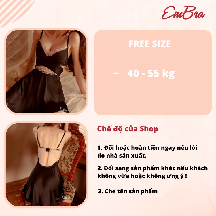 Váy ngủ 2 dây xoắn ngực lụa pha ren cao cấp Embra EBV18