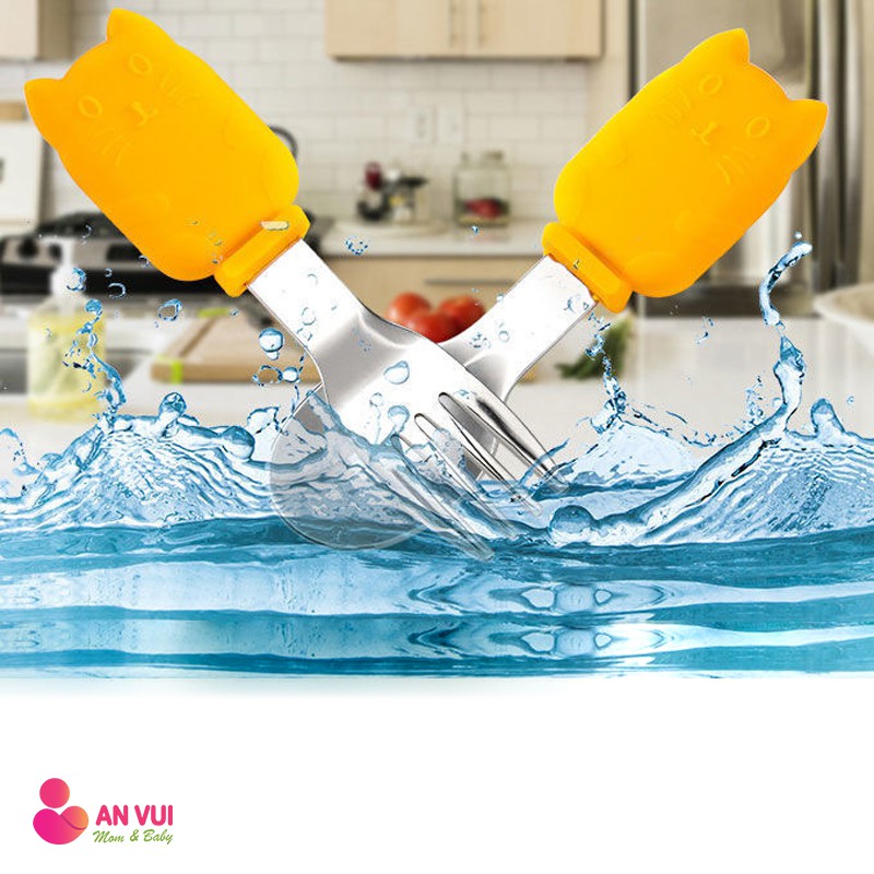 Thìa Ăn Dặm Hình Mèo, Thìa Tập Xúc Cho Bé, Muỗng Nĩa, Đồ Dùng Ăn Dặm Silicon Inox 304 - Anvuistore