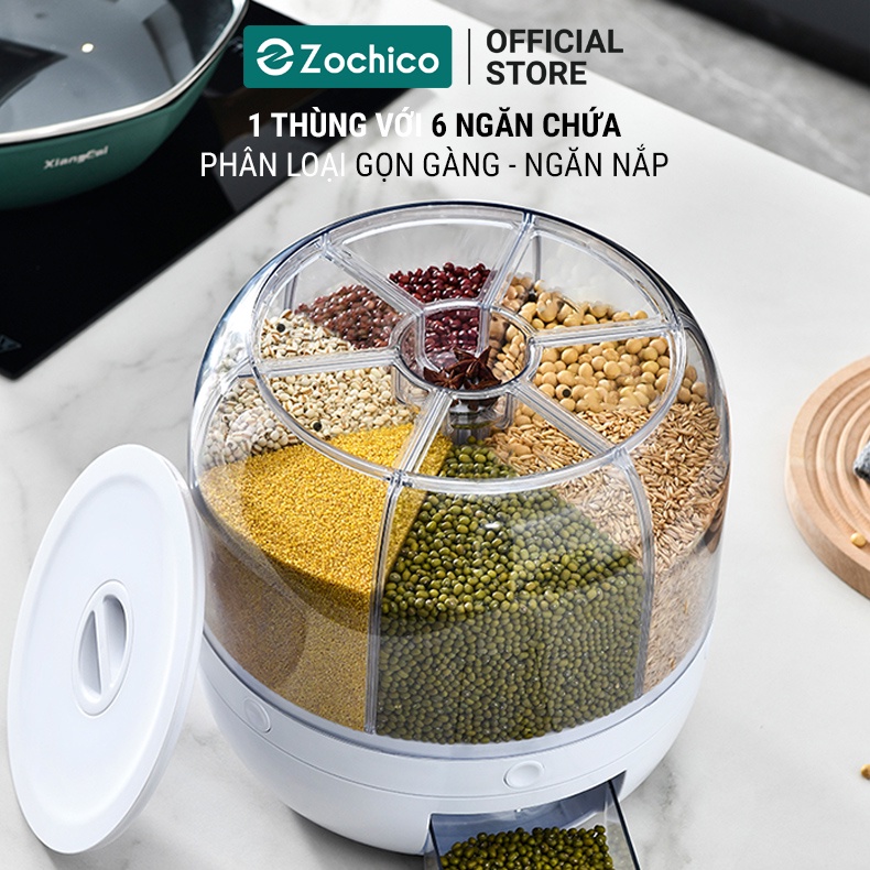 Thùng đựng hạt, ngũ cốc 6 ngăn xoay 360 độ thông minh, dung tích 6kg, chất liệu nhựa PP cao cấp Zochico