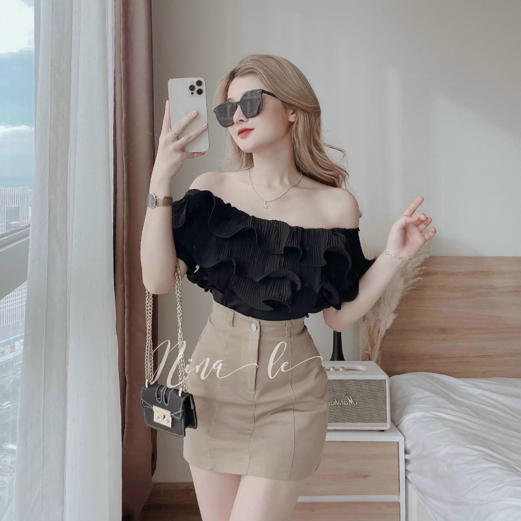 sét áo bèo trễ vai kèm chân váy ngắn ôm sát siêu xinh