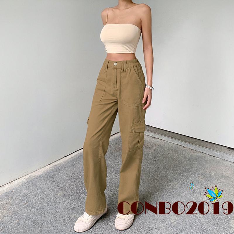 Hgm-quần Jean Nữ Cạp Cao Ống Thẳng Có Túi Màu Trơn / Kaki / Nâu