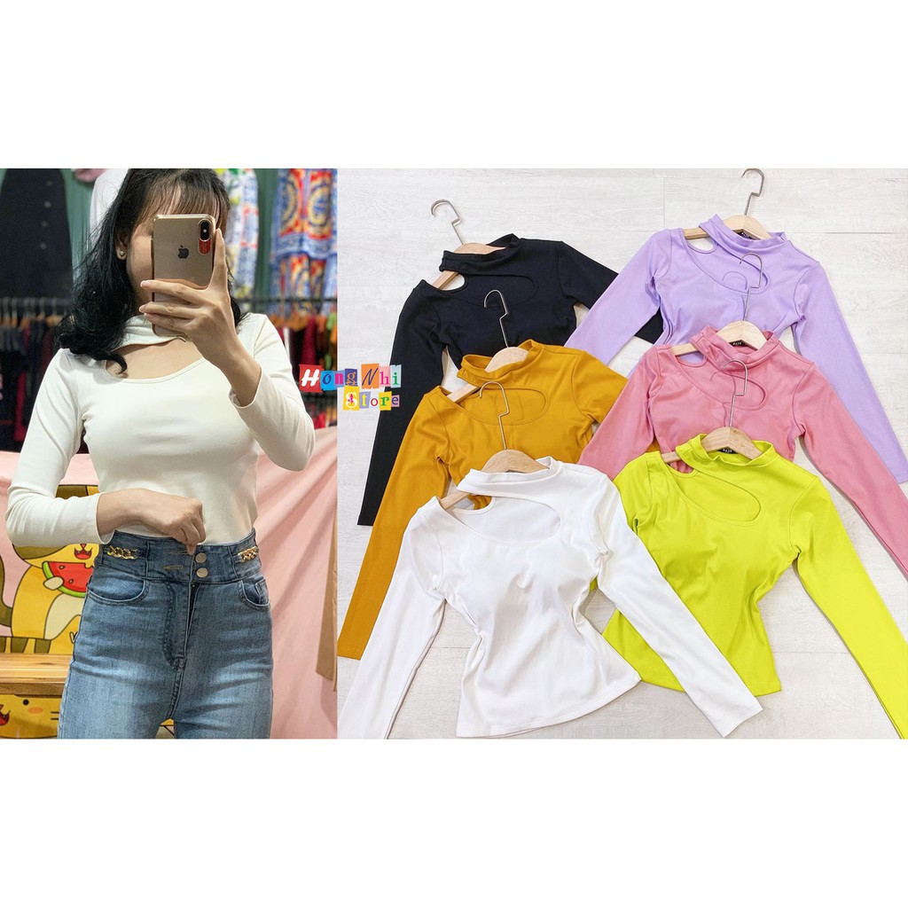 Áo Thun Body Tay Dài Cổ Lọ Khoét Ngực Dáng Ôm Có Mút Ngực Cao Cấp Ulzzang