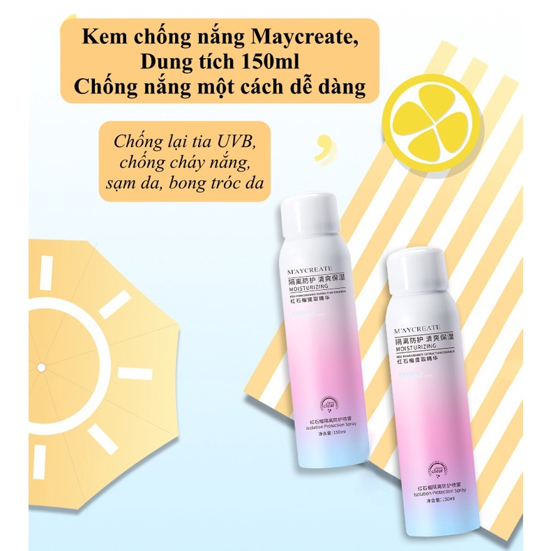 Kem chống nắng dạng xịt MayCreate bảo vệ toàn thân, kiềm dầu lâu trôi, dưỡng ẩm làm sáng da, nâng tone body 150ml SPU160