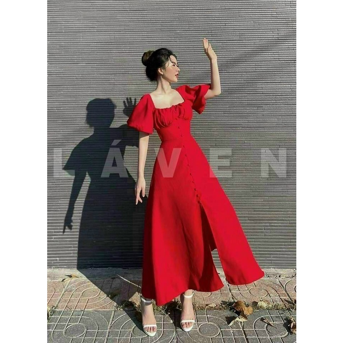 [9.9 Sales Freeship] Đầm maxi lụa cổ vuông nhún ngực đính nút tay búp, đầm vintage dáng dài ôm eo xẻ tà tay phồng mtb