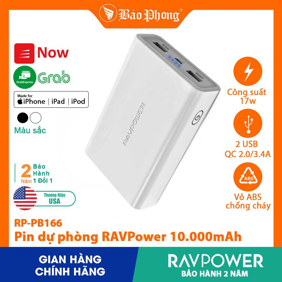 Pin Dự Phòng RAVPower RP-PB166 10000mAh QC  2.0, Output 3.4A cho iPhone IP 6 7 8 Plus 10 11 12 Pro max x xs giá rẻ