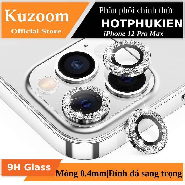 Bộ miếng dán kính cường lực Camera Kuzoom Lens Ring đính đá cho iPhone 12 Pro Max (9H, bảo vệ camera, sang trọng)