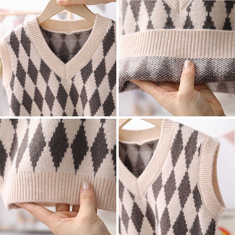 Áo Vest Dệt Kim Họa Tiết Sọc Caro Đính Đá Thời Trang Cho Bé