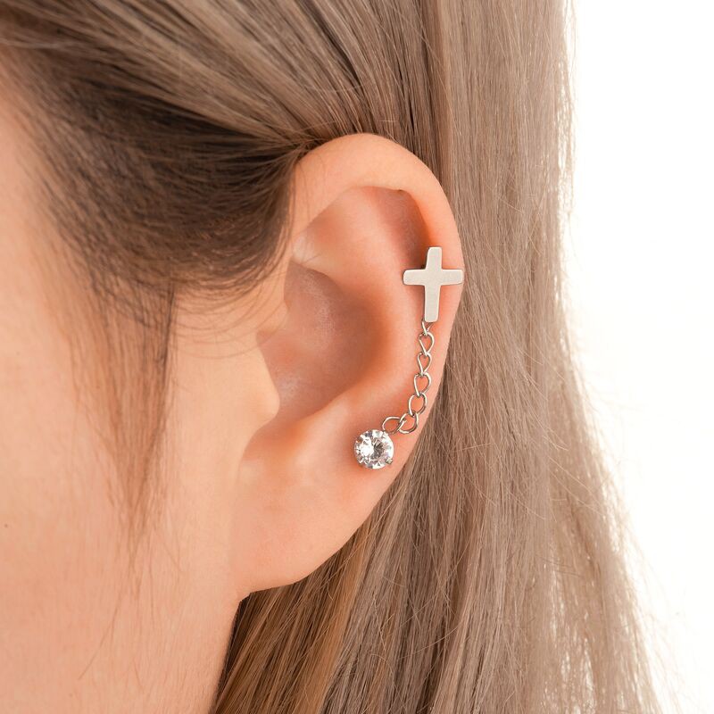 Khuyên tai xích Round Cross Chain Stud