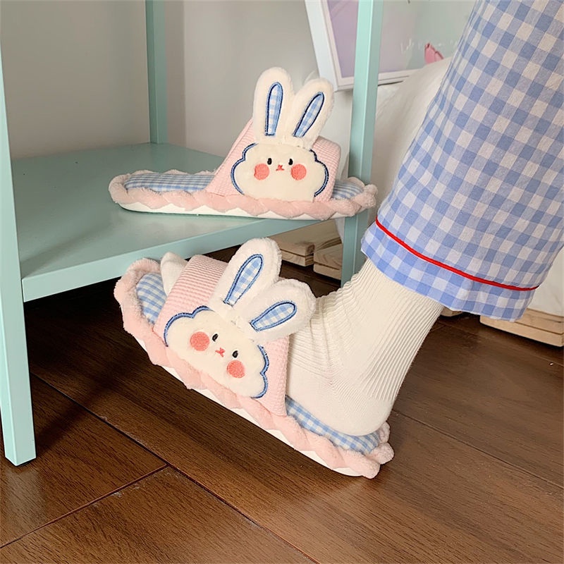 Oeteo Dép Đi Trong Nhà Bằng Vải cotton Lanh Mềm Mại Hình Chú Thỏ Xinh Xắn Cho Nữ
