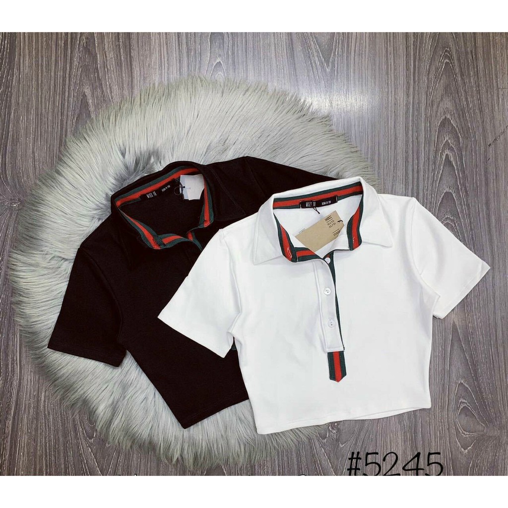 áo croptop cổ bẻ phối màu đen đỏ đính nút sang chảnh thun bozip mềm mịn