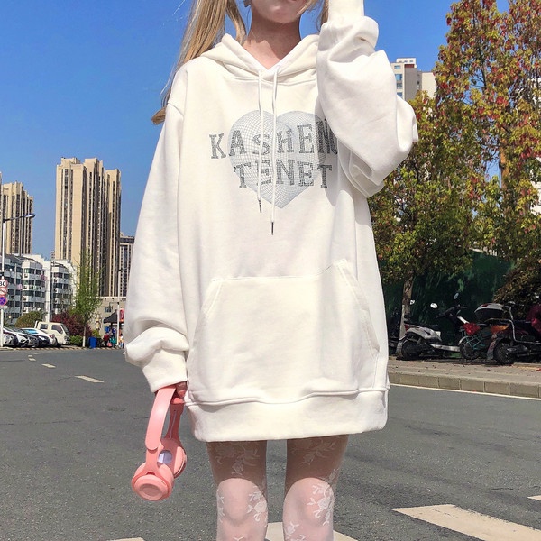 Áo Hoodie Dáng Rộng In Chữ Và Trái Tim Xinh Xắn Dễ Phối Đồ