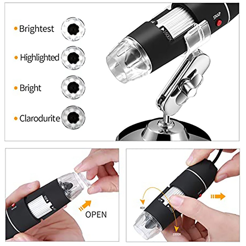 Kính Hiển Vi USB 1600X Độ Phóng Đại 8 LED Với Đầu Chuyển Đổi TYPE-C 3 Trong 1 Tiện Dụng