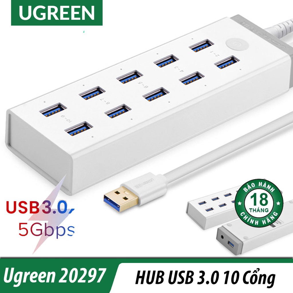 Bộ Chia USB 3.0 10 Cổng Cao Cấp UGreen 20297 - Tốc Độ 5Gbps, Nguồn 12V 5A