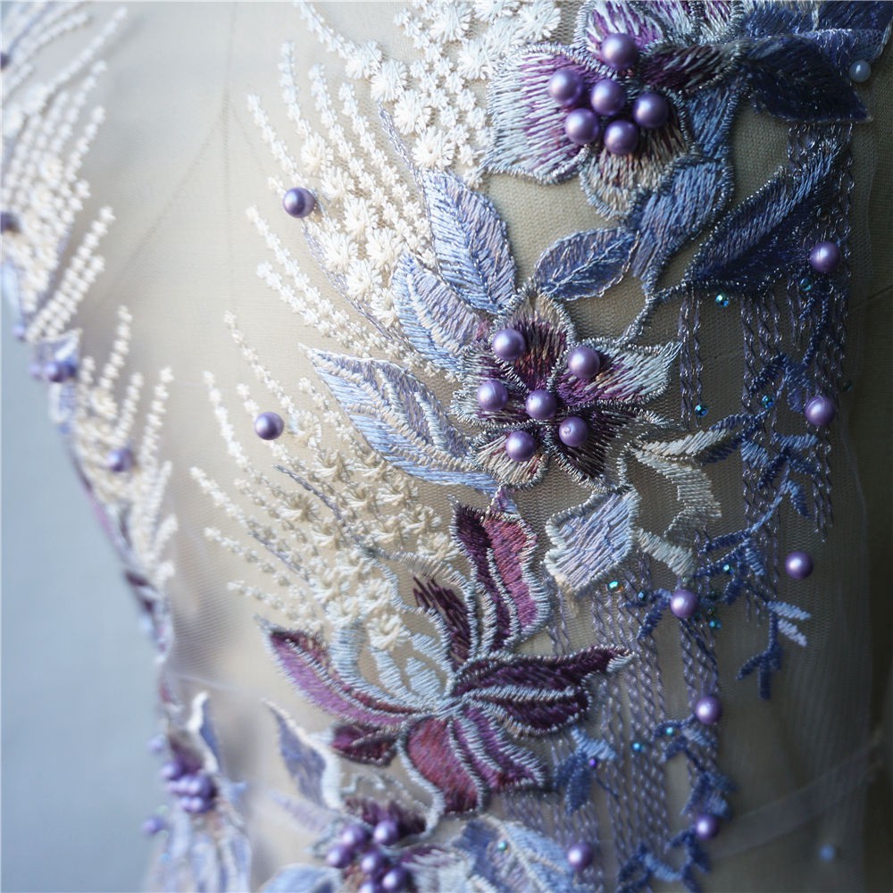 Miếng Vải Ren Thêu Hoa Màu Tím Đính Hạt May Cổ Áo Cưới diy