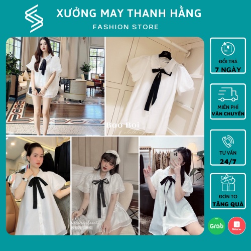 Áo sơ mi nữ, Sơ mi nữ kiểu tay bồng ngắn tay cổ nơ cực xinh phong cách hàn quốc