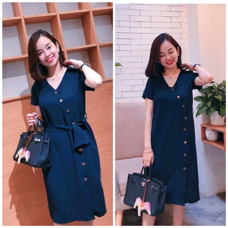 Đầm bầu suông công sở cột dây eo cài nút, Váy bầu cho mẹ trước và sau sinh ( kèm hình thật)