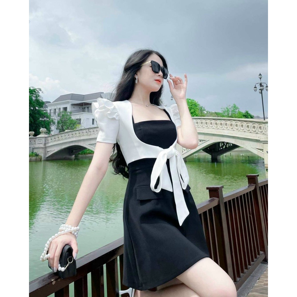 Sét Đầm xòe hai dây kèm áo khoác cột nơ