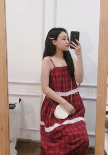 Đầm maxi hai dây kẻ đỏ (ảnh thật)