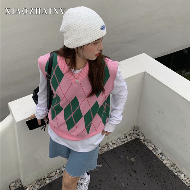 Xiaozhainv Áo len không tay thiết kế họa tiết hình học phong cách thời trang Hàn Quốc