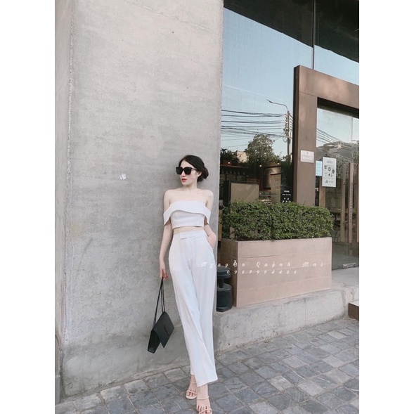 SET ÁO CROPTOP TRẮNG BẺ NGỰC + QUẦN SUÔNG TRẮNG