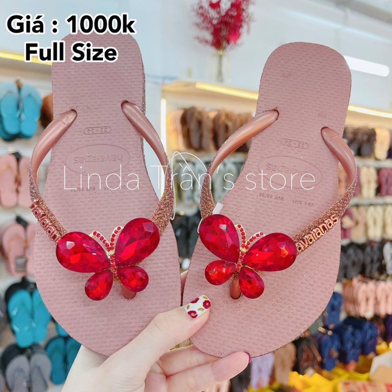 dép HVN kim tuyến viền hồng ruốc mix charm bướm đá đỏ tươi