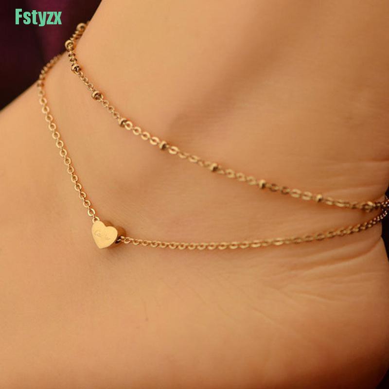 fstyzx Sexy Gold Tone Love Heart Ankle Bracelet Double Layer Chain Foot Anklet