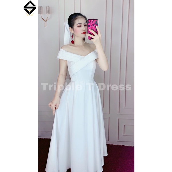 Đầm xoè cưới bẹt vai xếp ly form ngắn tặng kèm lúp nơ y hình TRIPBLE T DRESS - size S/M/L - MS182Y