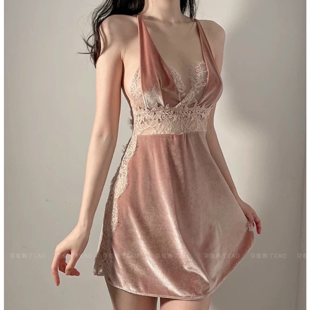 Váy ngủ lụa nhung phối ren cao cấp KENSHOP0602- Hàng sẵn