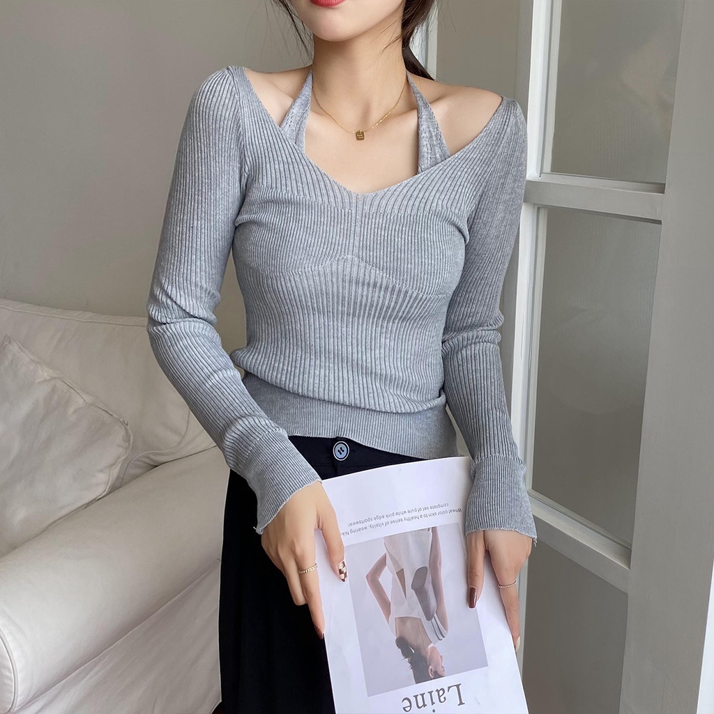 Áo len nữ tay dài cổ thuyền phối dây cổ sành điệu hàng Quảng Châu cao cấp