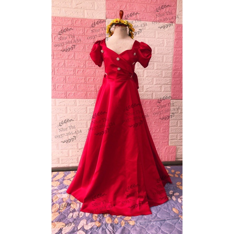 Đầm dạ hội cưới tay phồng váy xẻ tà đuôi nơ cô dâu đi bàn chụp hình cưới đi tiệc