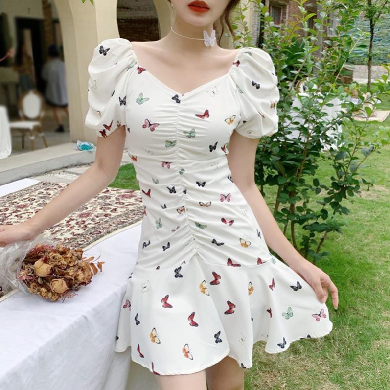 Đầm Tay Phồng Ôm Eo In Họa Tiết Bươm Bướm Kiểu Retro Nữ Tính ྇ ་