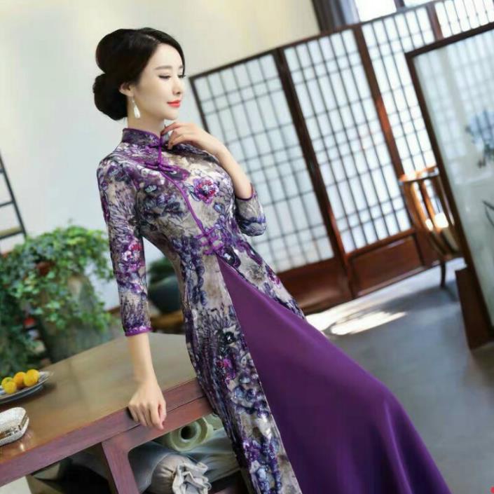 Đầm suông hoa tím cổ tàu siêu sang - Mua đầm trung niên đẹp VIP