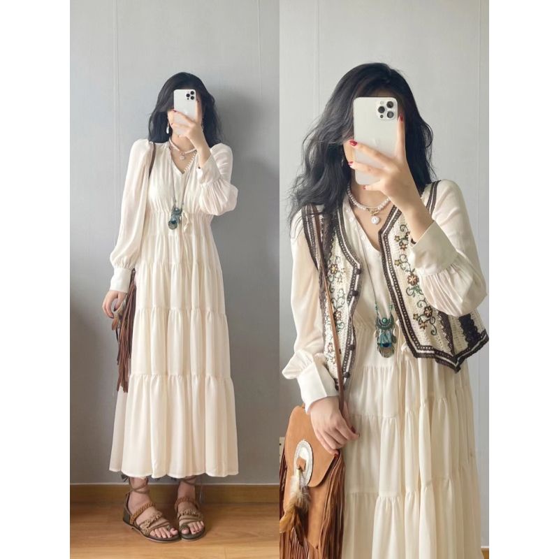 Đầm Dài Mỏng Dáng Rộng Tay Dài Cổ Chữ V Phong Cách bohemian Mùa Thu Cho Nữ