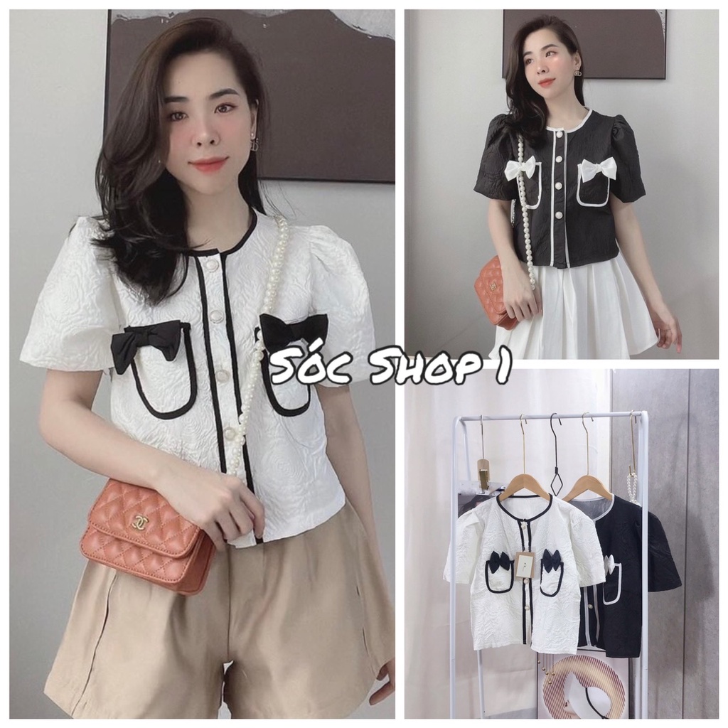 Áo Sơ Mi Nơ Túi Chất Gấm Xốp Ulzzang 2 Màu Đen Trắng